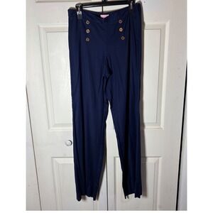 Lilly Pulitzer Navy Rayon/Span Sailor Pants Gold Anchor Buttons Wide Leg Siz 7